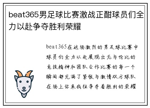beat365男足球比赛激战正酣球员们全力以赴争夺胜利荣耀